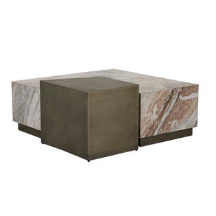 Verona Block Set of 2 Coffee Tables - Toronto Marble - Nickel - GlobeWest