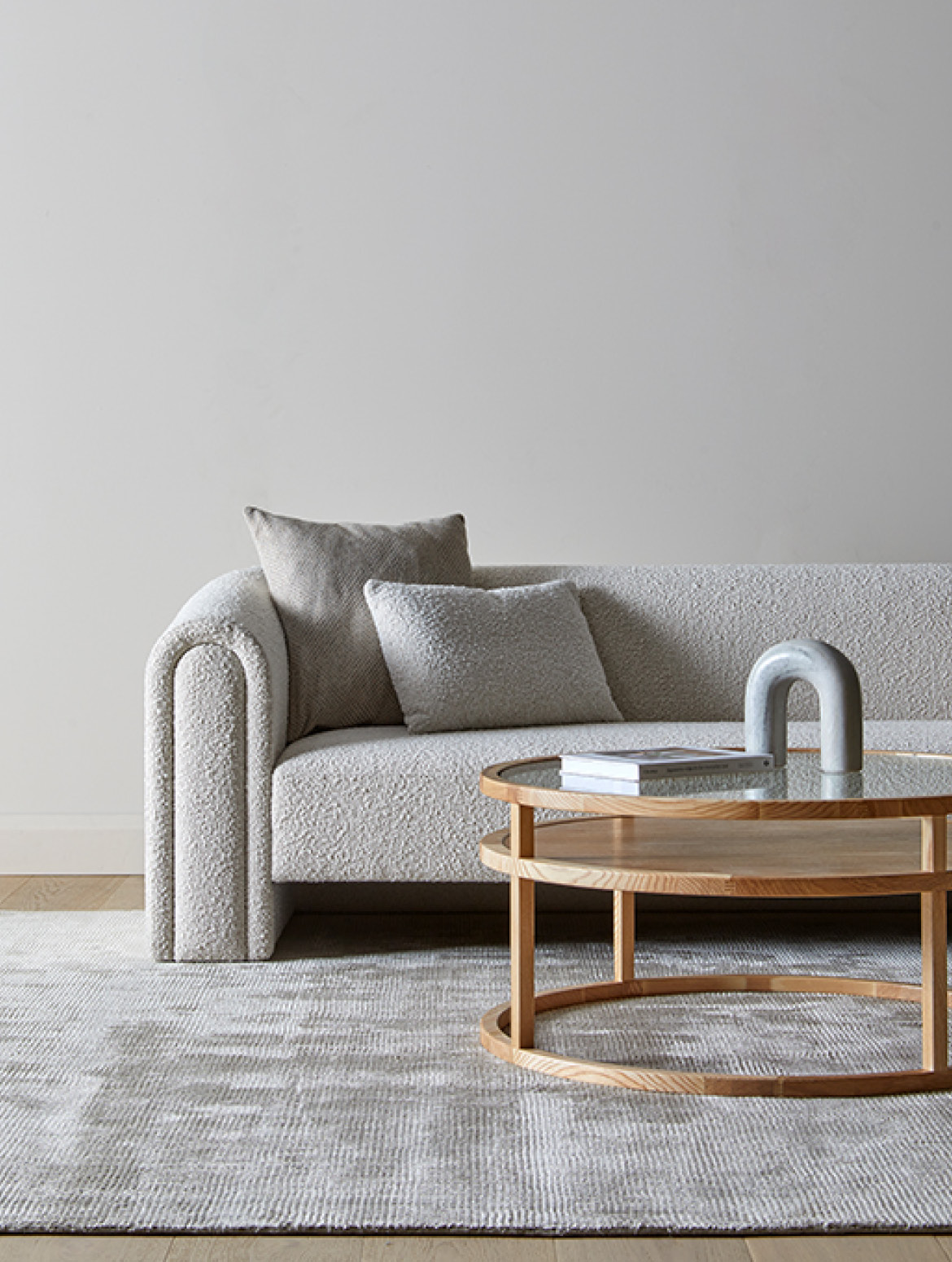 Pictured: Juno Belmont 3 Seater Sofa, Windsor Layer Coffee Table, Tepih Tide Rug, Kennedy Square Cushion, Hugo Rectangle Cushion, Rufus Arch Sculpture | Image: GlobeWest Pictured: Juno Belmont 3 Seater Sofa, Windsor Layer Coffee Table, Tepih Tide Rug, Kennedy Square Cushion, Hugo Rectangle Cushion, Rufus Arch Sculpture | Image: GlobeWest