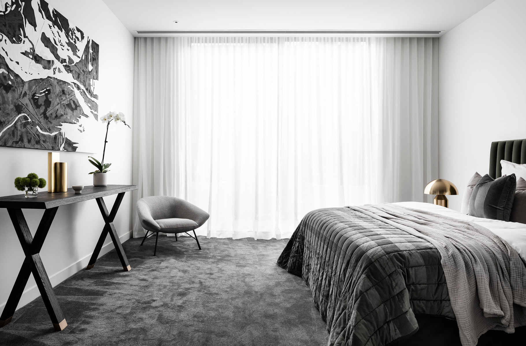 Pictured: Wyatt Cross Console, Felix Angled Arm Occasional Chair & Kennedy Tufted Bed Head Pictured: Wyatt Cross Console, Felix Angled Arm Occasional Chair & Kennedy Tufted Bed Head