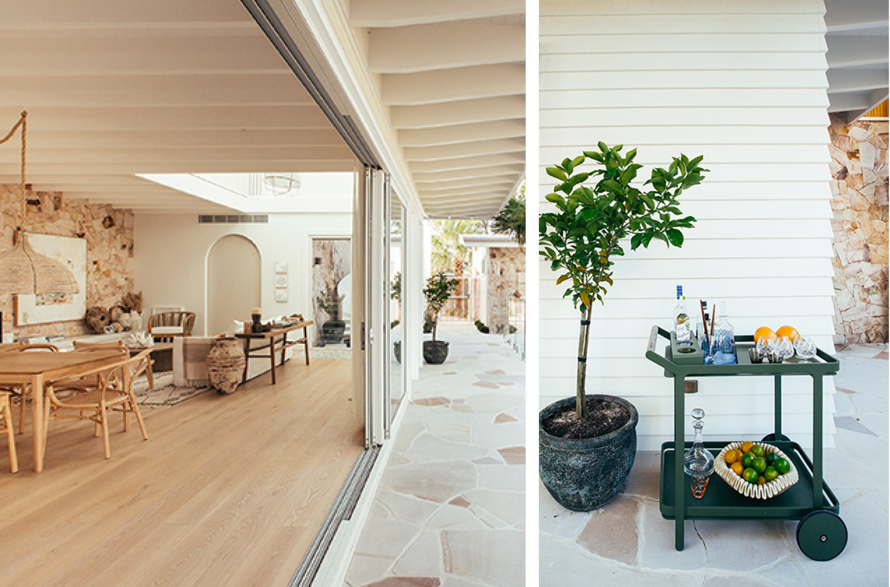Pictured: Ethnicraft Bok Dining Table, Avery Maja Arm Chairs, and Lagoon Bar Trolley