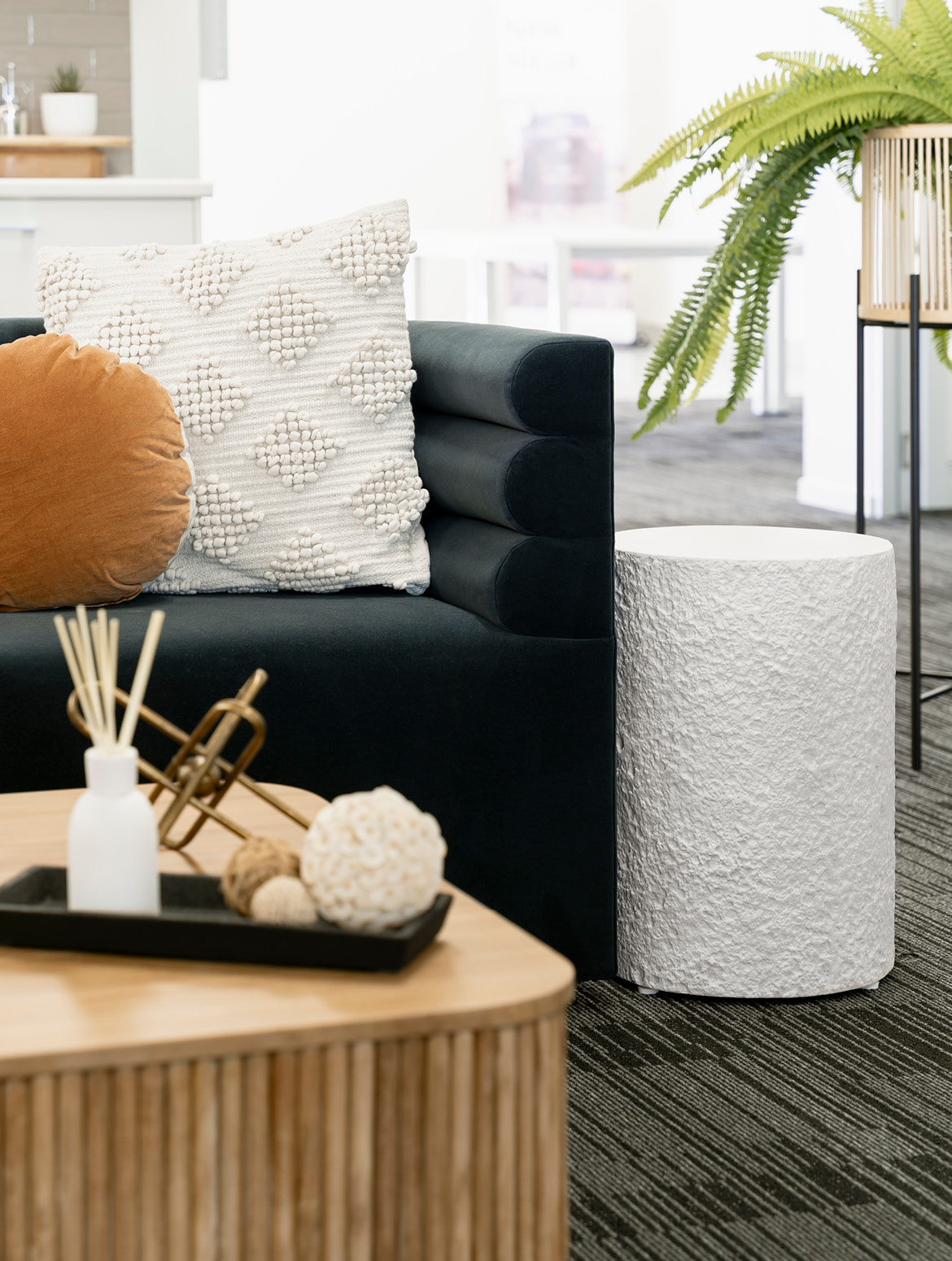 Pictured here: Juno Roller 3 Seater Sofa, Jagger Coffee Table and Element Earth Round Side TablePictured here: Juno Roller 3 Seater Sofa, Jagger Coffee Table and Element Earth Round Side Tablee